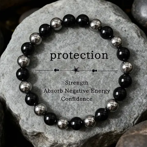 Black Tourmaline & Hematite Bracelet – Grounding Energy Shield | 8mm Unisex Crystal Beads | Daily Wear Gift