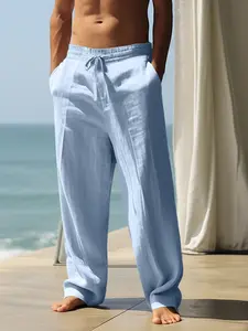 Men's solid - color premium linen straight - leg pants, comfortable beach pants with pockets. They are loose - leg pants for men's daily summer wear, featuring loose wide - leg design, light - colored washed finish and a loose fit, Casual Comfy Pants