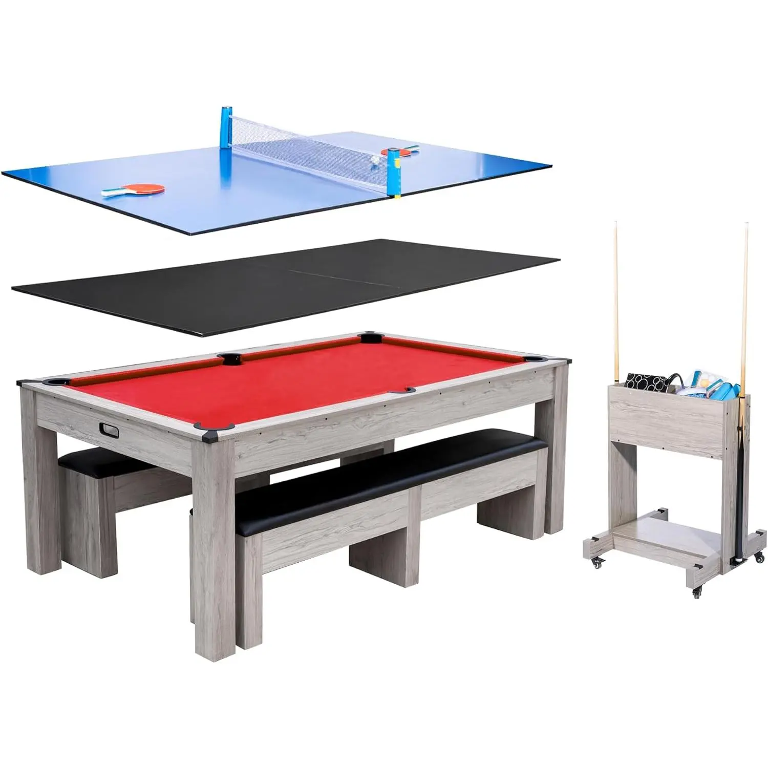 GARVEE Red,7FT 3-in-1 Pool Table with Dining Top & Table Tennis | Billiard Table Set with Accessories (Balls, Cues, Ping Pong) | HDF Wood Grain Finish | Includes Rolling Storage Caddy