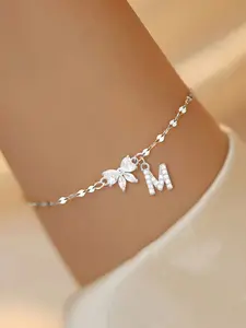 Women's Stainless Steel Letter Bowknot Bracelet, Casual Style Zirconia Embellished Lip Chain, All-Season Fashion Accessory, Casual Trendy Jewelry