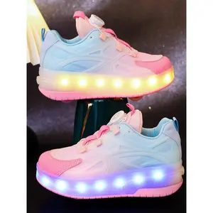 USB Rechargeable LED Light-Up Pink Sneakers, Fashionable Colorful Roller Skates for Boys and Girls, Cool Light-Up Casual Sports Shoes for Daily Life, Breathable Non-Slip Walking Shoes for Toddlers, Boys' Baby Shoes