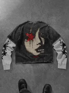 Men's Y2K Vintage Washed Graphic Two-Piece T-Shirt, Star Print Long Sleeve, Streetwear for Hip Hop, Skateboarding, Alternative Style