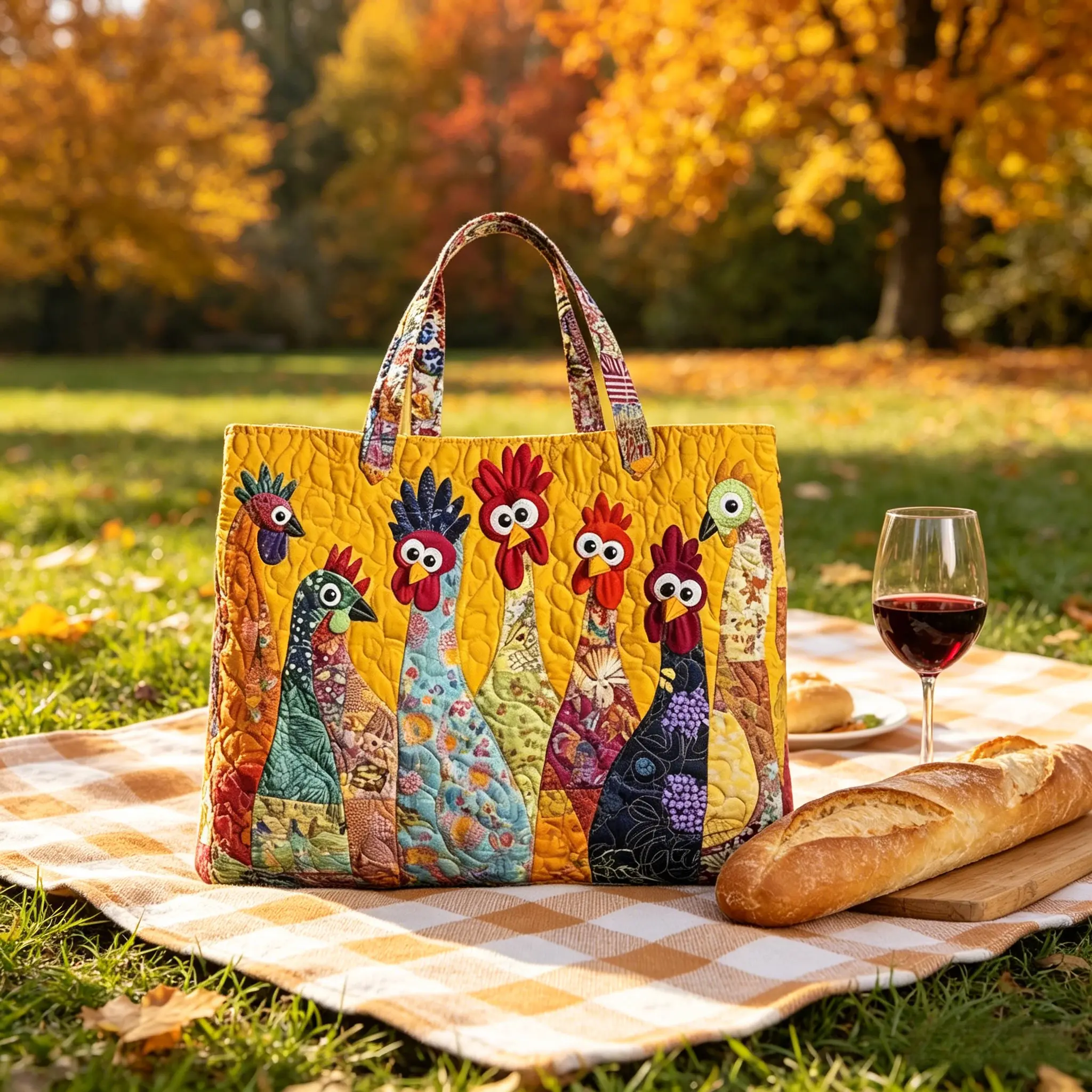 Boho Digital Printed Quilted Tote Bag Commuting LeisureBirthday Gift Fun Chicken Tote Bag,Cute ChickenPatchwork Tote,Quilted Fabric Shoulder Bag for Grocery,Travel & Gifts