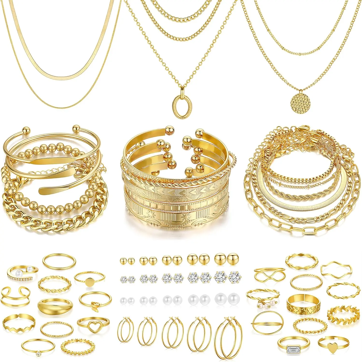 68 Pcs Gold Jewelry Set for Women with 7 Necklace, 17 Bracelet, 5 Hoop Earrings, 15 Stud Earrings, 24 Knuckle Rings for Women Jewelry Set for Women Gift