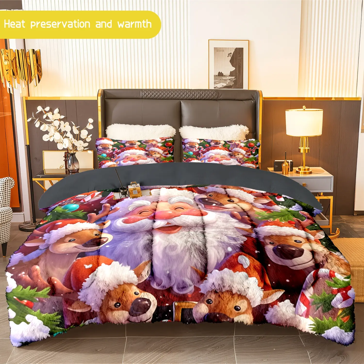 3pcs (1 comforter + 2 pillowcases) Santa Reindeer Christmas Flannel & Milk Velvet Comforter Set, Soft Warm Bedding Set for Adults, Cozy Quilt Set, Trendy Bedding Essentials