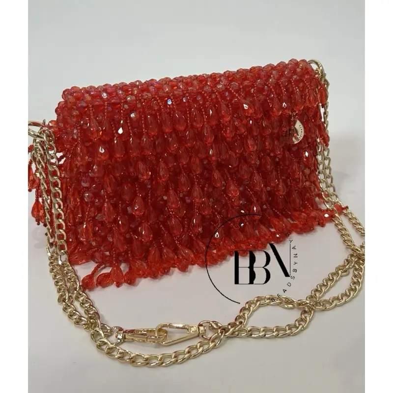 Shakara Handmade Beaded Bag for Outing made with Tear-Drop Crystals Short Beaded handle and chain strap Design