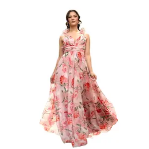 2025 Summer European and American Chiffon Dress with Ruffled Edges, Printed Vacation Style, Pleated Slimming Women's Clothing