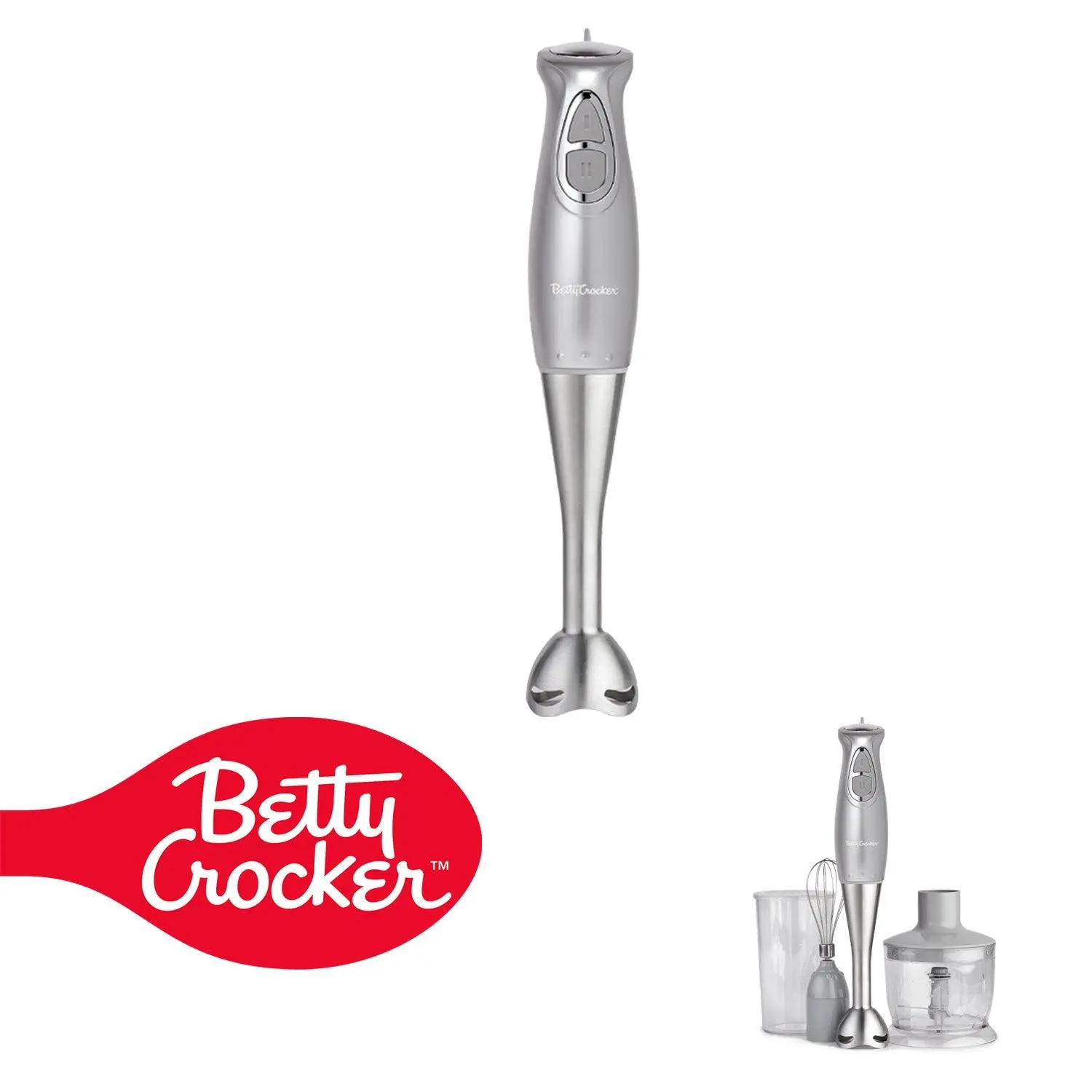 Betty Crocker 2-Speed Handheld Immersion Blender for Home Users - 250W Power, 120V Plug, Stainless Steel Blade, 600ml Beaker, Whisk Attachment, Ergonomic Handle for Home Kitchen, Chop, Puree Herbs