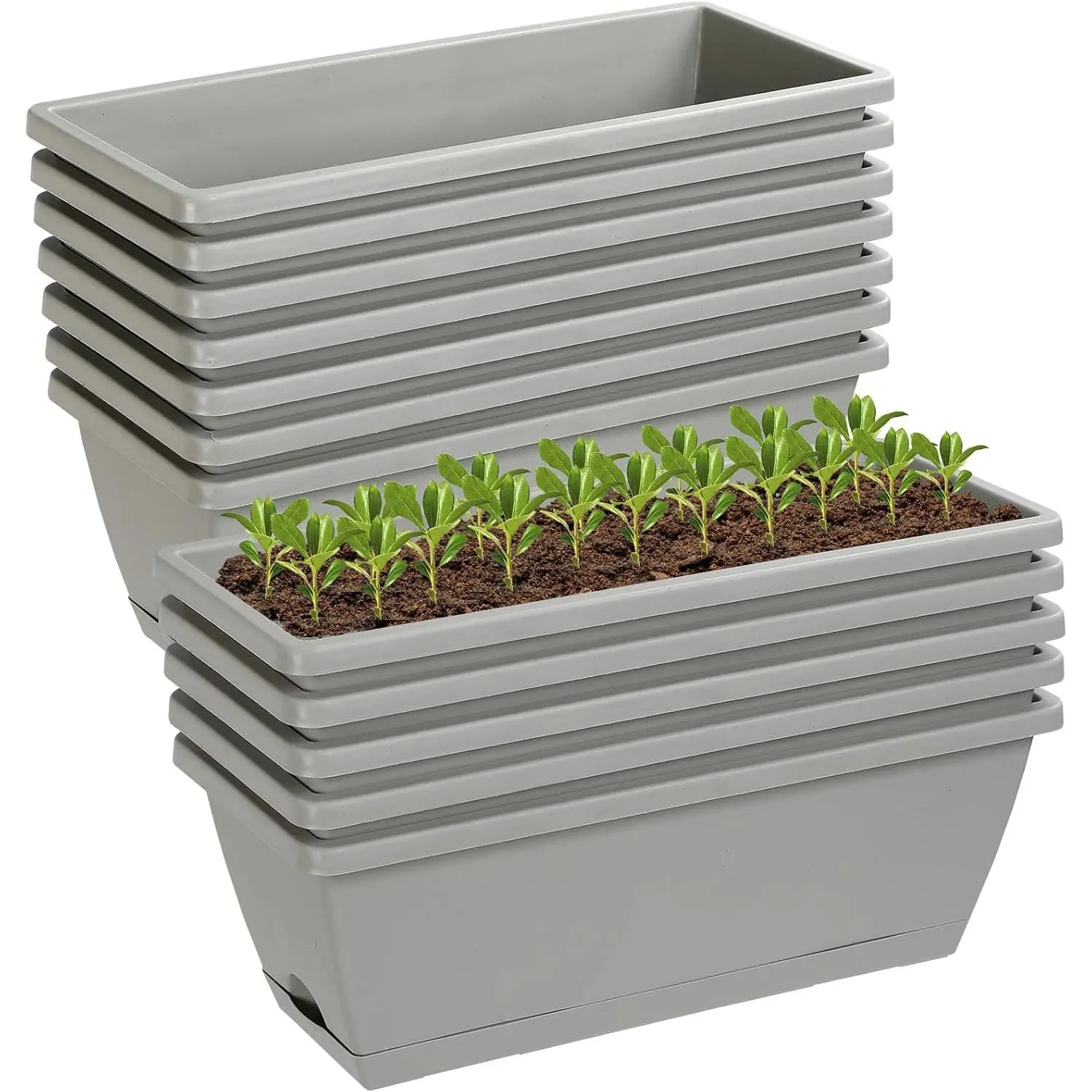 12 count 17Inches Rectangle Planter Box with Drainage Holes and Trays Plastic Planters Flower Boxes Pots for Indoor Outdoor  Patio Garden Home Decor Porch Yard (Gray)