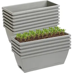12 count 17Inches Rectangle Planter Box with Drainage Holes and Trays Plastic Planters Flower Boxes Pots for Indoor Outdoor  Patio Garden Home Decor Porch Yard (Gray)