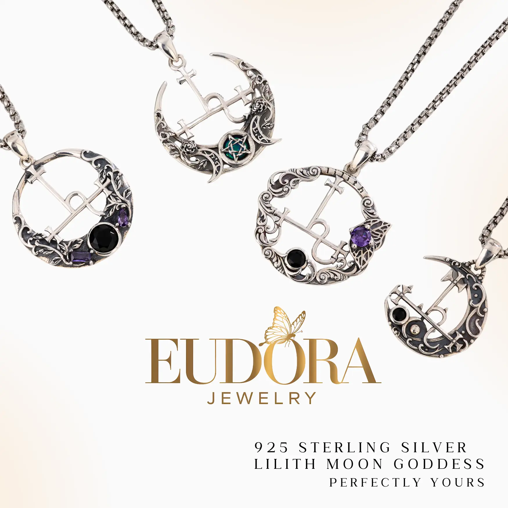 EUDORA 925 Sterling Silver Lilith Moon Necklace, Lilith Sigil Goddess Pendant, Pagan Triple Moon Amethyst Amulet, Personalized Witchy Jewelry Gift