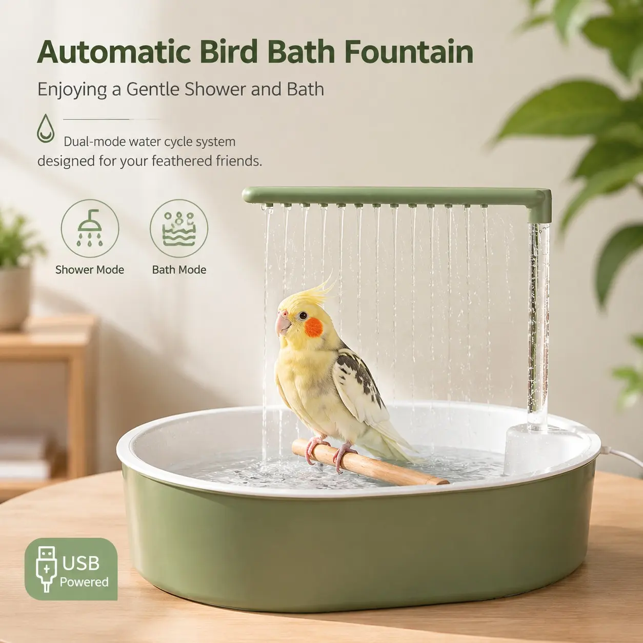 Automatic Bird Bath Fountain - Dual-Mode Shower & Bath Water Cycle System, USB Powered Pet Bird Bathing Basin with Wooden Perch for Parakeets, Cockatiels, Conures & Small Birds