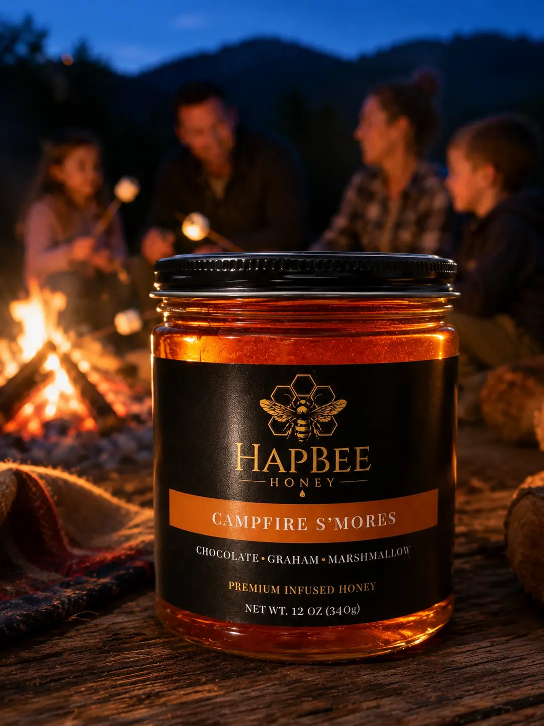 HapBee Honey Campfire S’mores Premium Infused Honey – Sweet, Natural, Cocoa, Chocolate, Graham & Marshmallow Gourmet Flavored Honey for Coffee, Breakfast, Baking, Desserts, Grilling, Charcuterie & Gift Baskets – 12 oz Jar