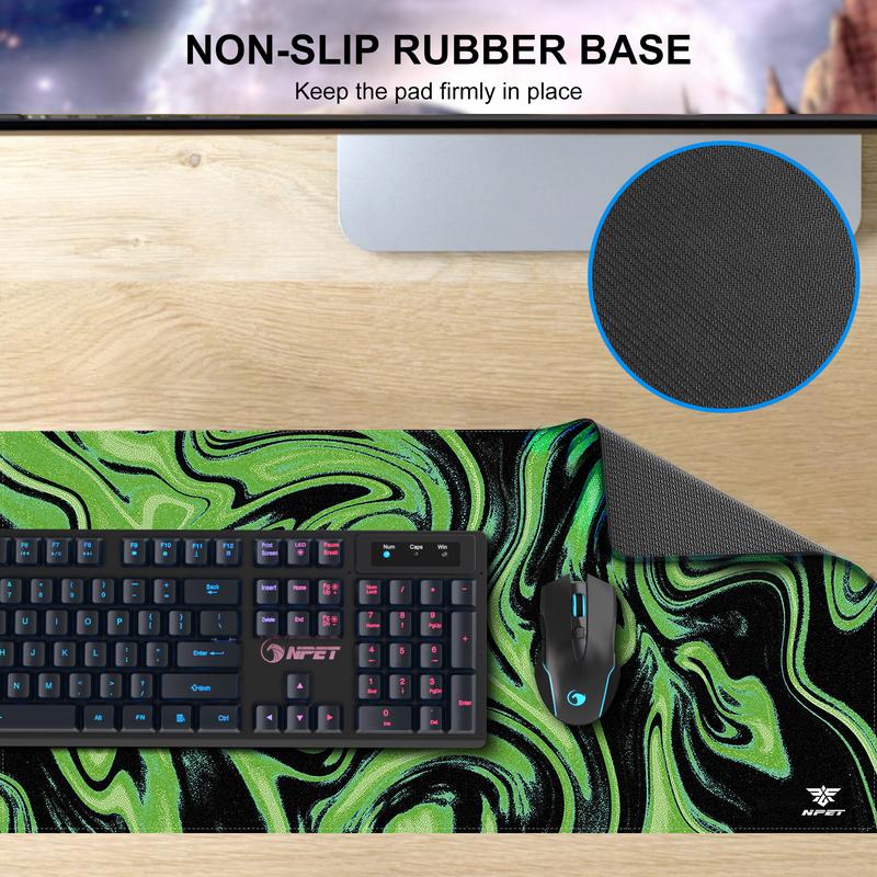NPET N110 XXL Gaming Desk Mat 35x17 inch Non-Slip Stitched Edge for Office Home Mouse Mover Pad Desktop Accessory with Green Swirl Design