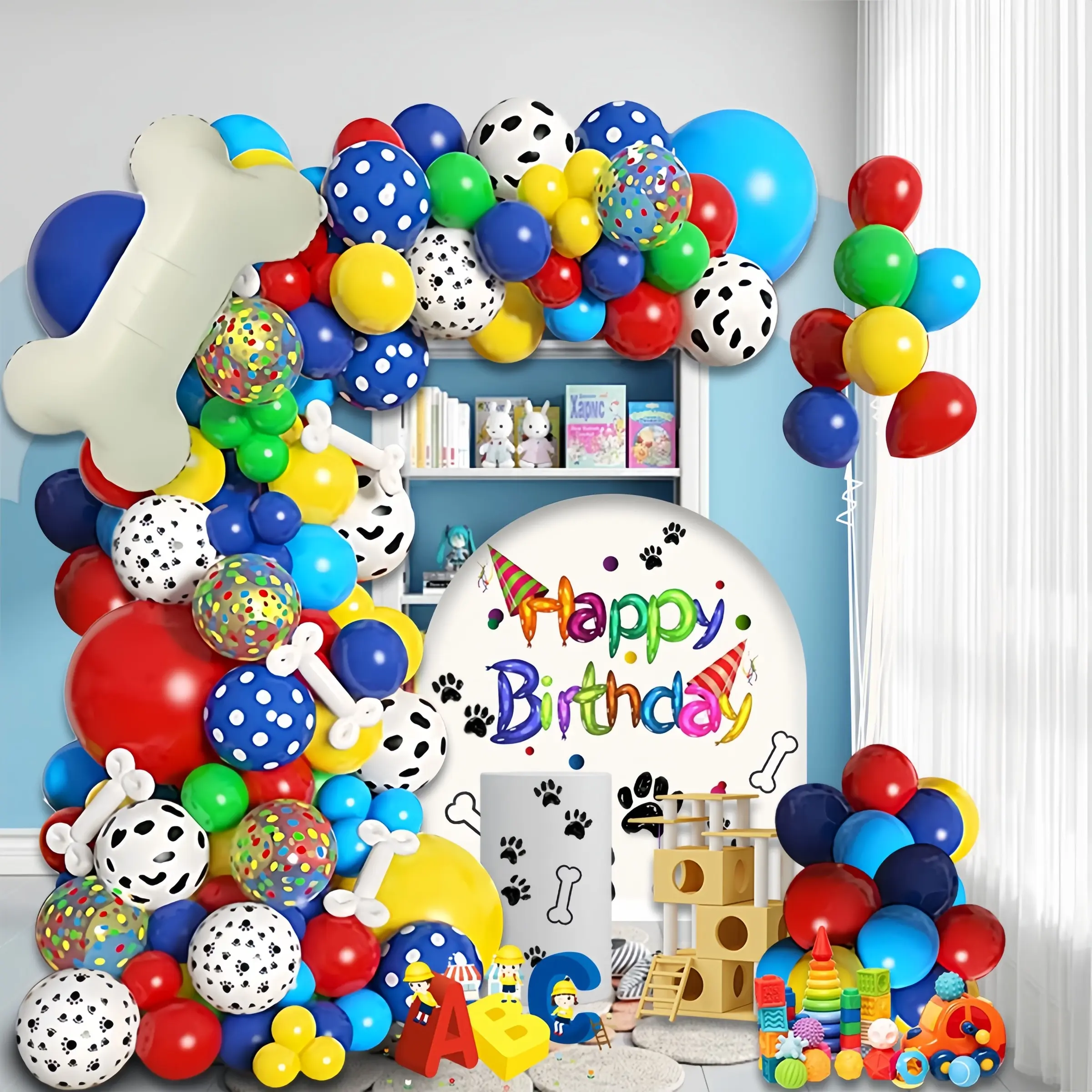 106 pieces of paw print balloon garland arch kit dog bone foil balloons red, yellow, blue latex material is perfect for decorating boys' birthday parties, baby showers for birthday party decoration Balloon Decorations, Balloon Arches Decorations