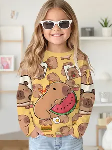 Light yellow gourmet capybara digital printed long-sleeved crewneck drop-shoulder sweatshirt top T-shirt, long-sleeved T-shirt clothing for girls in spring and autumn, 100% polyester, the best gift for girls