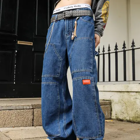 Men's Deep Blue Loose Fit Wide Leg Dark Wash Jeans, American Street Style Casual Workwear Pants, Perfect Gift for Husband or Boyfriend