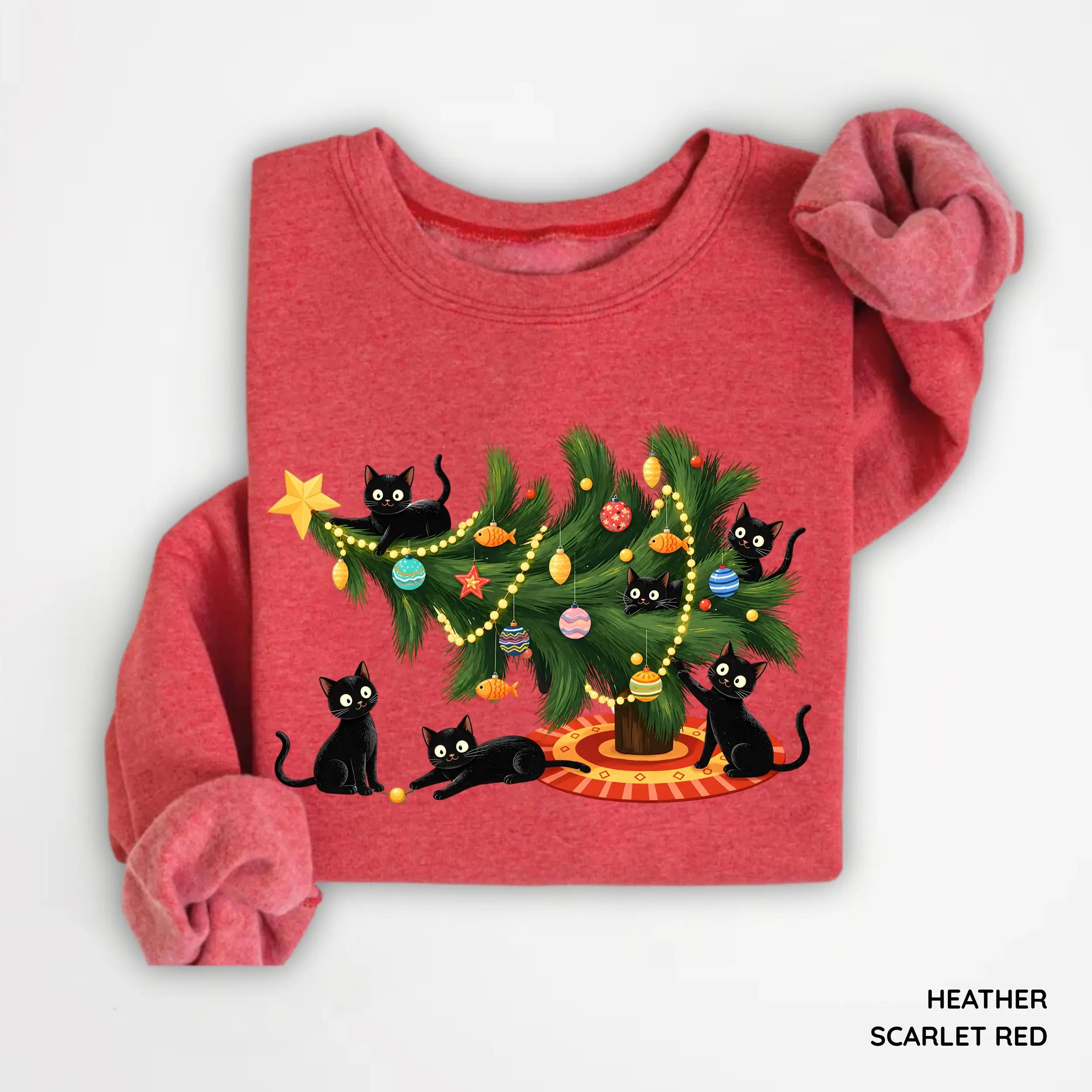 Cute Christmas Cat Sweatshirt, Gildan Funny Holiday Cat Graphic Crewneck, Christmas Tree Cat Shirt, Cozy Festive Pet Lover Gift, Cat Mom Gift Gift for Women