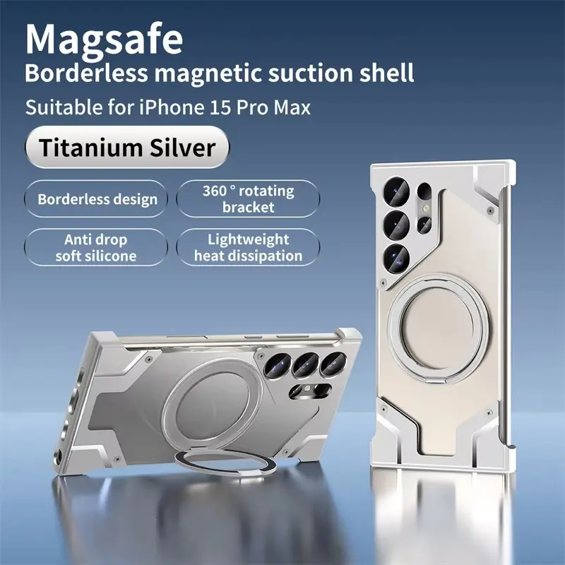 Luxury Aluminum Alloy Rimless 360° Magnetic Bracket Case for Samsung Galaxy S25 S22 S23 S24 Ultra Shockproof Transparent Cover
