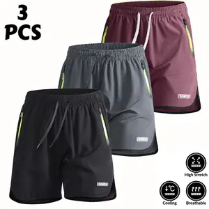 Men’s summer ice silk shorts, 3-pack, 5 inches long; plus-size loose quick-dry beach shorts suitable for couples; breathable moisture-wicking fabric with an adjustable elastic waistband; equipped with anti-theft pockets and bright zippers, ideal for runni
