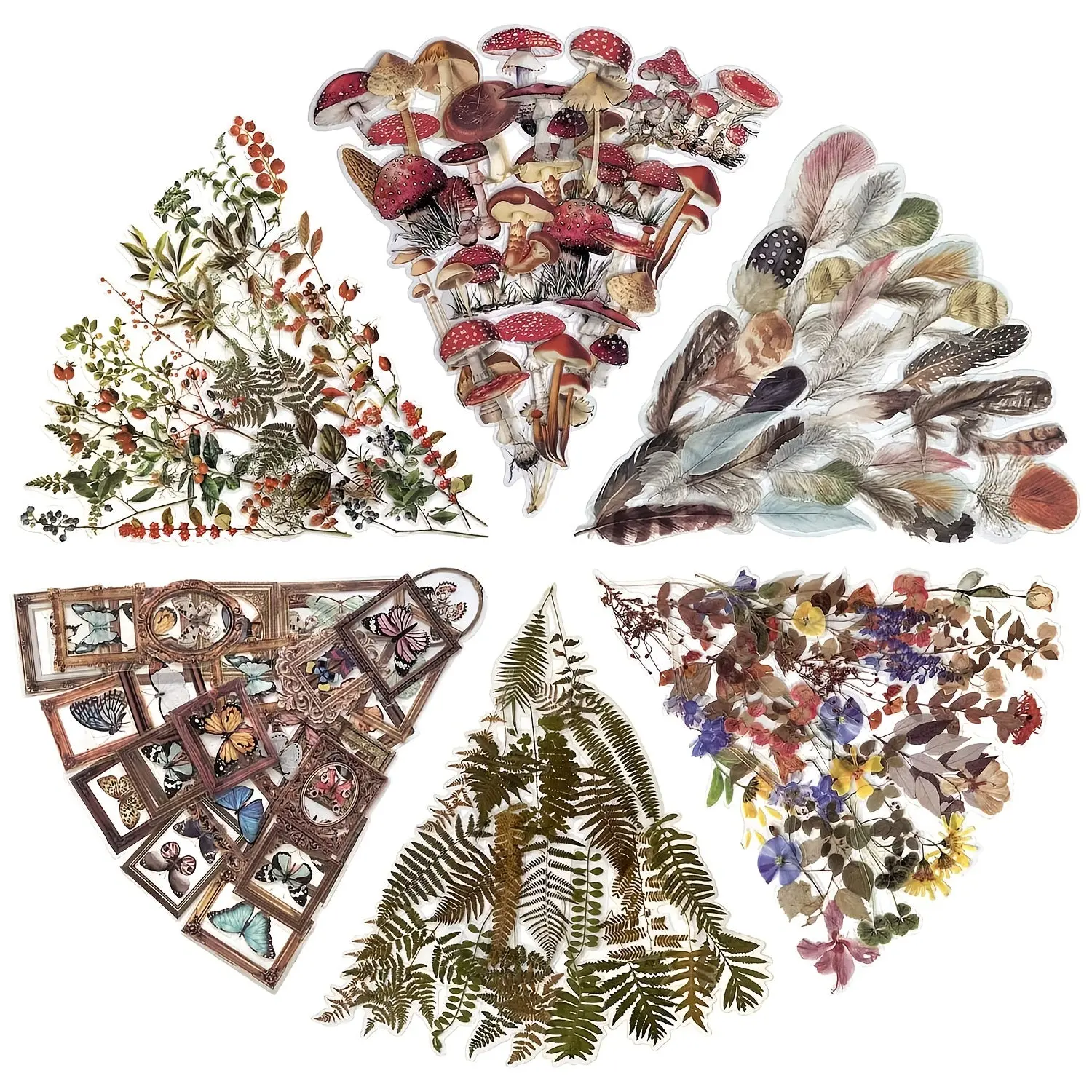 Mohamm 240-Pc Waterproof Durable Adhesive PET Transparent Stickers - Floral, Mushroom, Butterfly, Fern Designs for Scrapbooking, Office Stationery Labeling, Adhesive Stickers