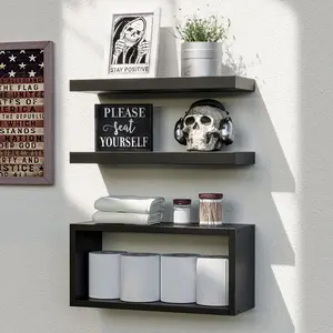 Black Floating Shelves Set of 3, Modern Bathroom Shelves Wall Mounted Shelves for Wall Decor, Over Toilet Black Wall Shelves for Bathroom Bedroom, Living Room, Kitchen