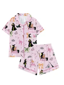 Teen Girls Witch Princess Sleepwear Set, Cute Bow Collar Short Sleeve Pajamas, Cartoon Print Pajama, Comfortable Wearable Nightgown, Gift Idea, wicked movie pjs,elphaba,glinda, Pajama Sets