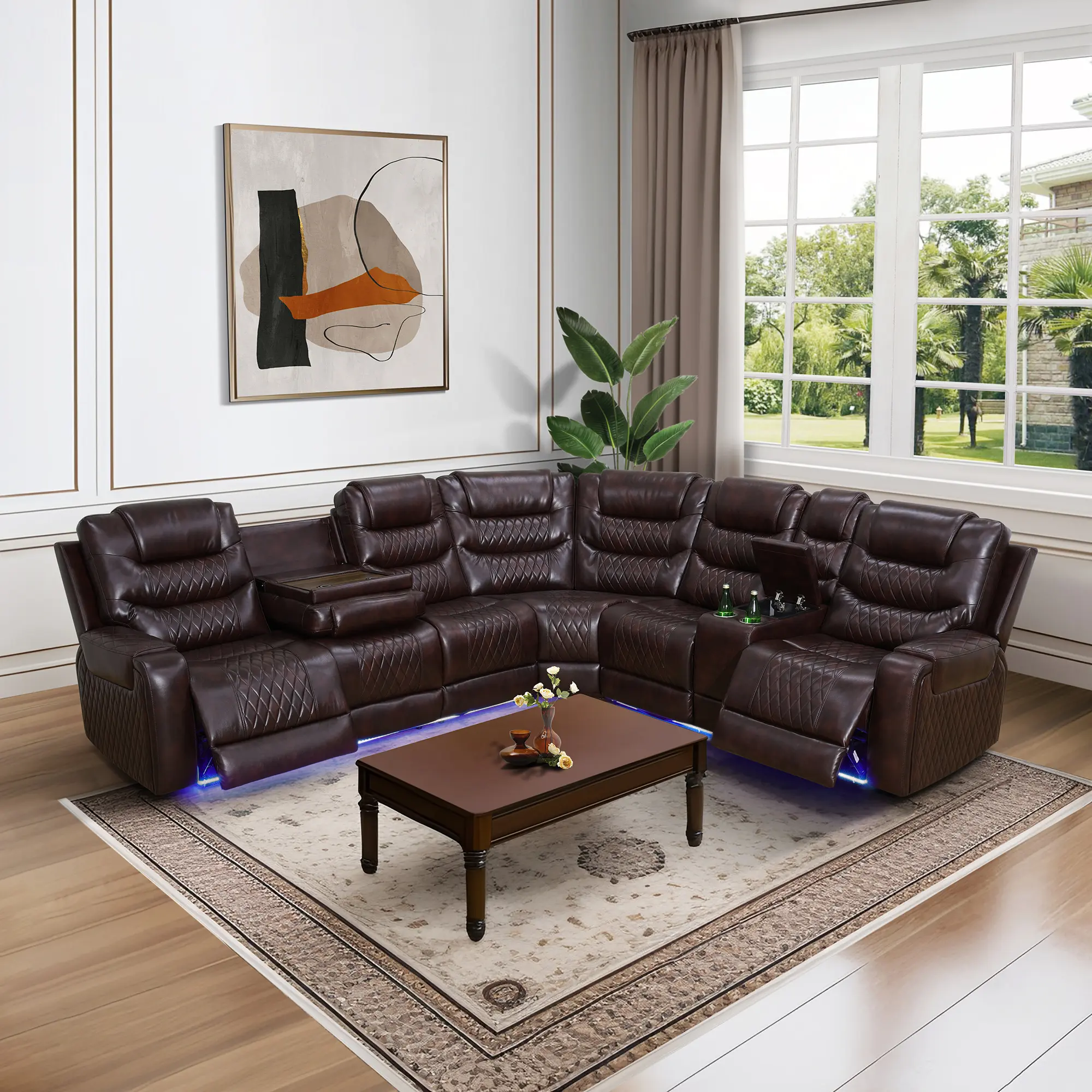 3-Piece Dark Red Breathable Faux Leather Recliner Sofa Set with LED Lights, Stylish Upholstered Indoor Living Room Lounge Furniture for Home, Apartment Use, Three Pieces