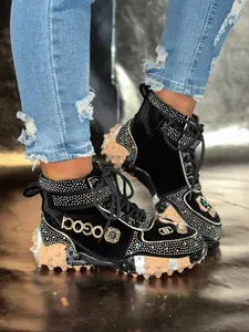 Women's Thick Sole Sport Shoes with Rhinestone Details, Fashion Casual High Top Sneakers, Trendy Daily Wear Footwear, Boho Style Sneakers