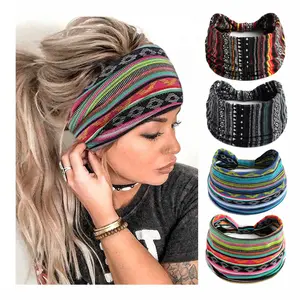 Boho Headbands For Women Fashion Stretch Wide Hair Bands Knoted Turban Head Bands Yoga Running Sweatband Elastic Headband Stylish Wrap Headbands Hair Accessories for Teen Girls 4 Pack