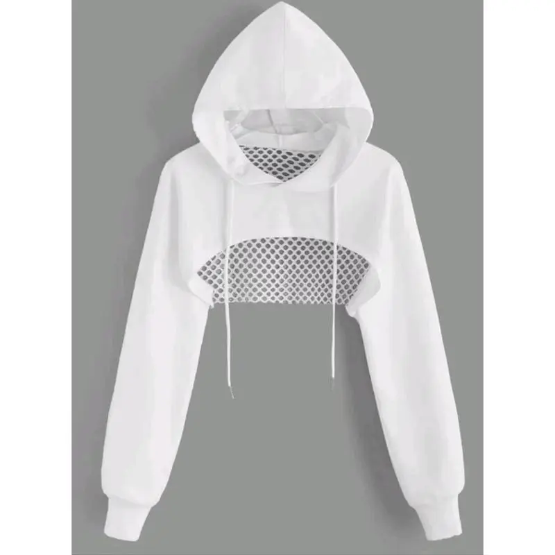 Women's Super Crop Hoodie Sweatshirt, Long Sleeve Hollow Out Athleisure Top with Drop Shoulder & Drawstring, Athleisure Activewear