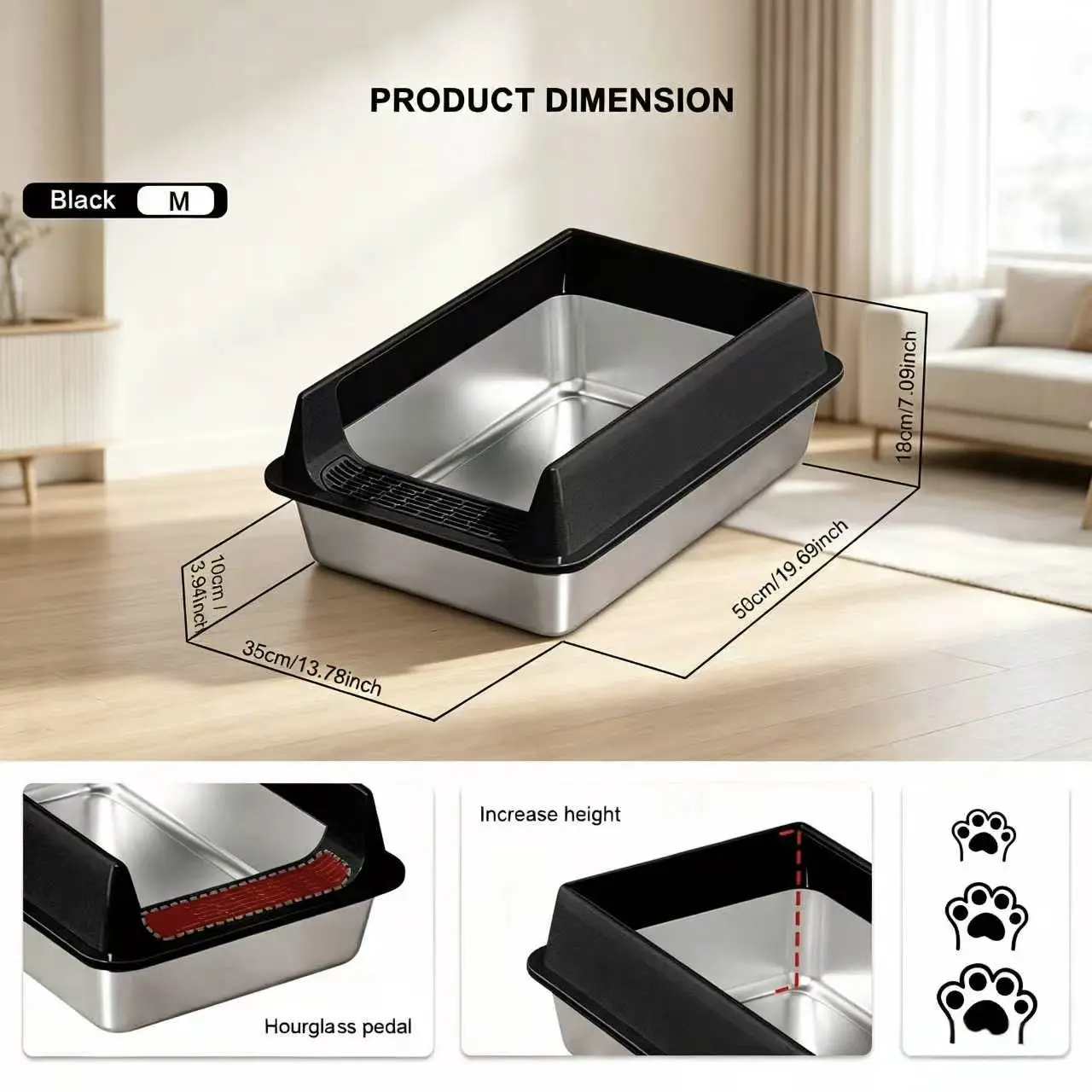 Stainless Steel Cat Litter Box With , Large Metal Litter Box With Scoop, Non-Stick Easy Clean Cat Litter Tray, Anti-Leak Odor Control Litter Box For Small & Large Cats，Black，Grey