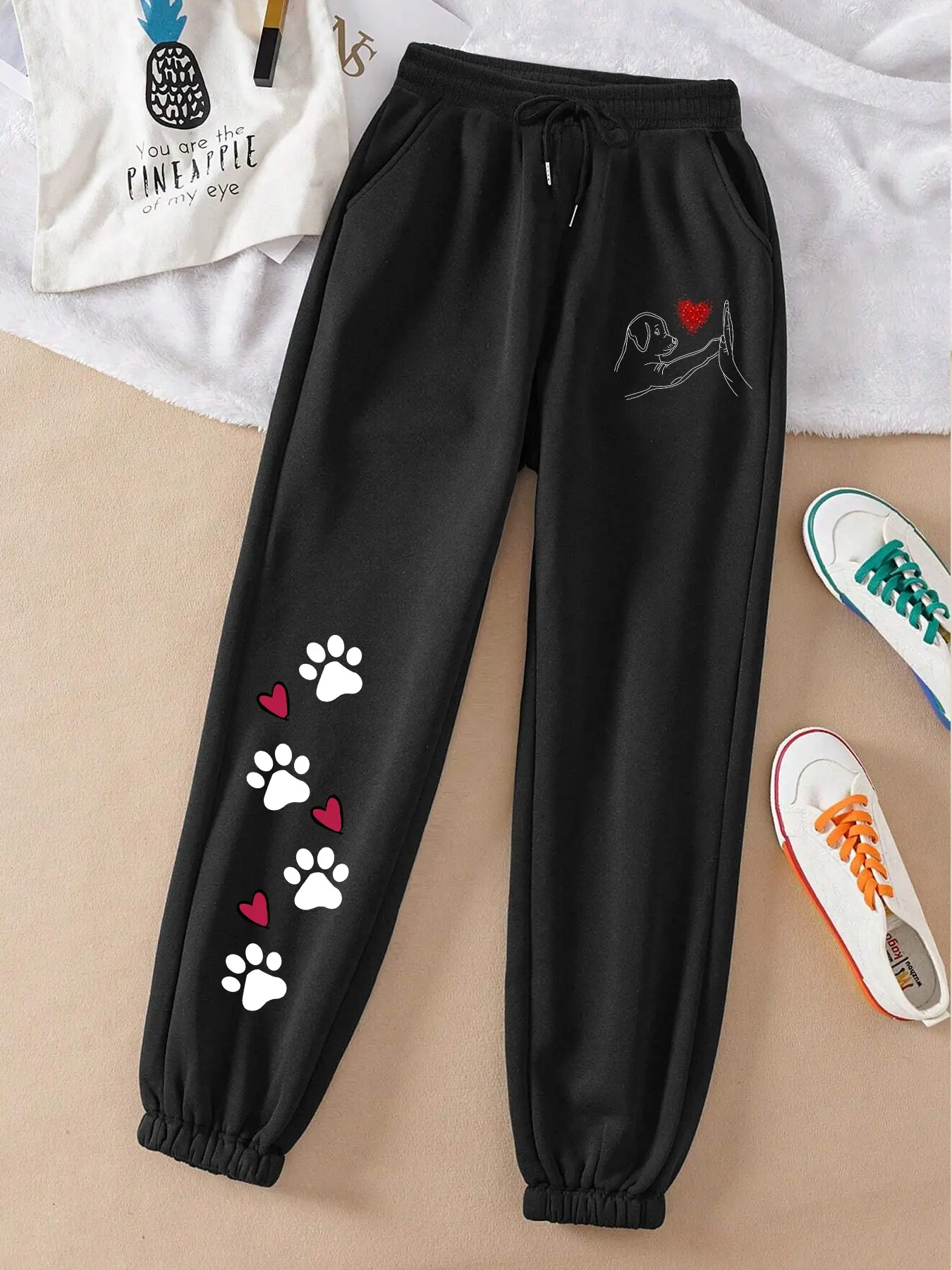 Women's Winter Loose-Fit Warm Sweatpants, Cute Dog Print, Drawstring Waist, Casual Fall & Winter Pants for Students