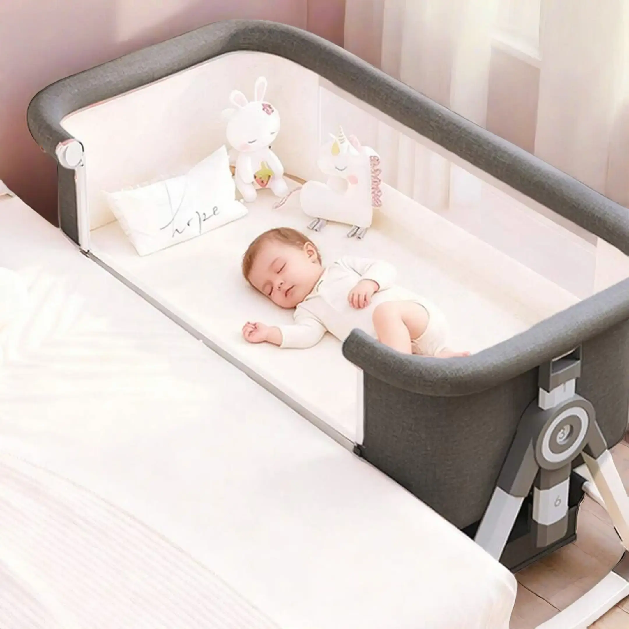 Portable 4-in-1 Baby Bassinet, Unisex Bedside Sleeper and Travel Crib for Newborns, 6-Height Adjustable with Breathable Mesh and Lockable Wheels, Height Adjustable Bassinet
