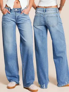 Women's Casual Denim Jeans with Pockets and Buttons, Plain Loose-Fitting Long Jeans for All Seasons, Perfect for Daily Wear