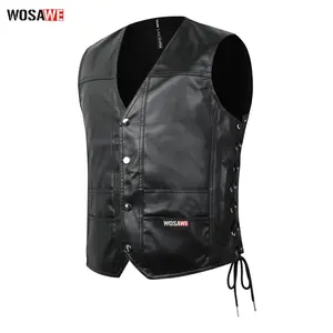 WOSAWE Men Leather Biker Vest Vintage Motorcycle Style Sleeveless Waistcoat with Adjustable Side Lace Design