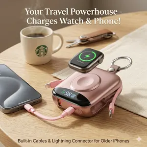 10000mAh Portable Charger Power Bank, 3-in-1 Wireless Battery Pack with Built-in USB-C & Lightning Cables, 22.5W Fast Charging, LED Display for iPhone, Apple Watch & Android Chargeable