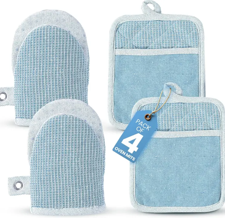 Casa Platino BBQ Gloves & Potholders Set, 4Pc Kitchen Mitts for Oven & Baking, Pot Holder for Hot Pots & Dishes – Heat Resistant Up to 500°F, Non-Slip & Machine Washable – Cornflower