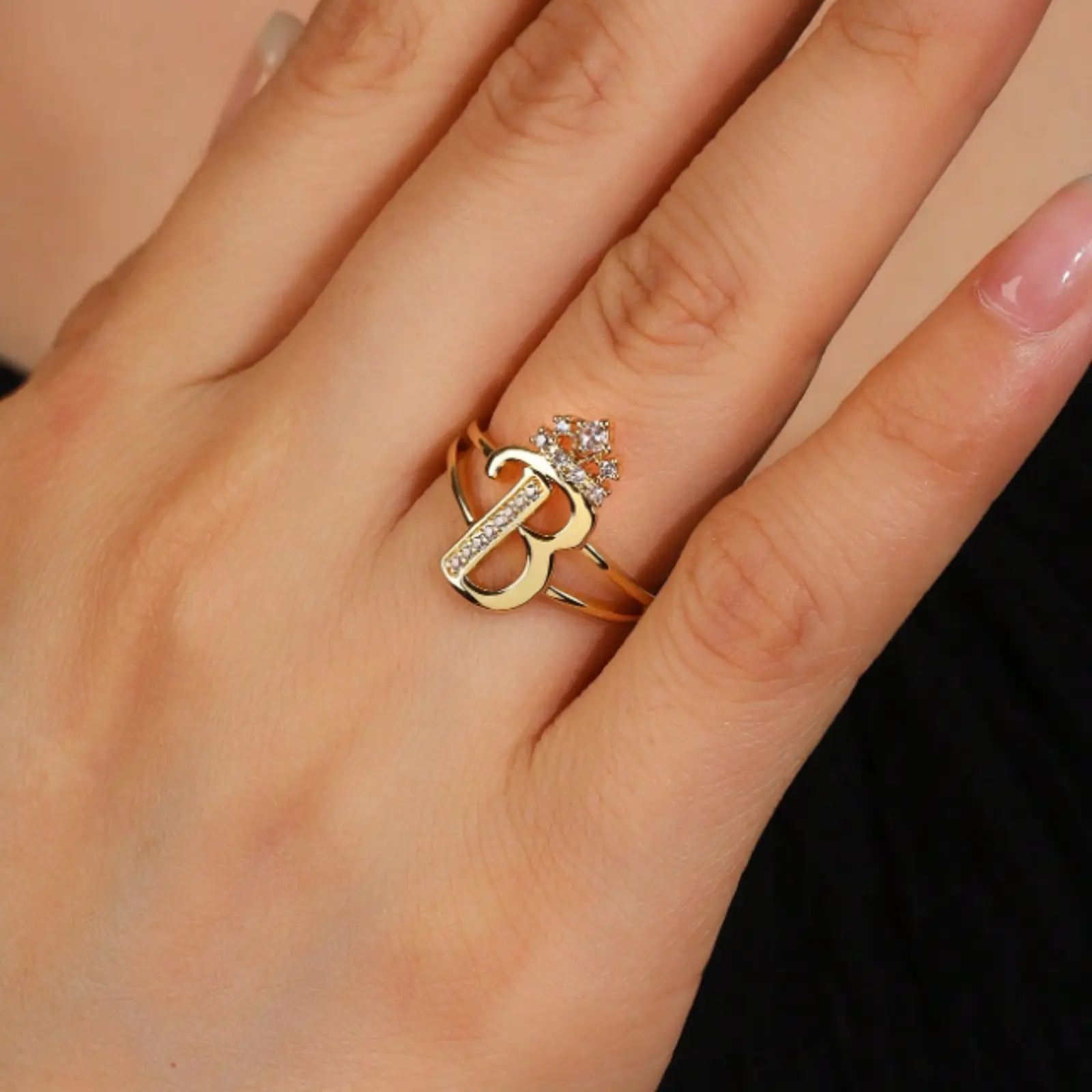Crown Initials Ring with 26 Letters A-Z with Adjustable Cubic Zirconia for Women, Personalized Ring, Gift for Friends and Loved Ones