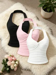 Women's Plain Three-Piece Set, Halter Neck Sleeveless Top with Twist Design, Slimming Wrinkled Blouse, Casual Fashion, Camisole Tops