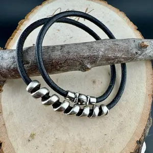 Black Leather Wrap Bracelet with Silver Slider & Magnet Clasp