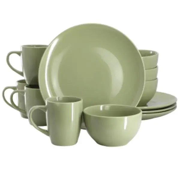 Gibson Home Everyday Plus 12-Piece Ceramic Tableware Set - Round, Glossy Sage Green Dinnerware with Bowls (Model 148593.12), Traditional