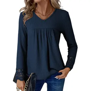 Dokotoo Women's Tops Casual V Neck Long Sleeve Waffle Knit Textured Lace Hollow Out Shirts Loose Tunic Tops