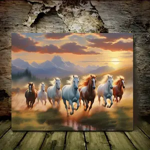 1 Piece Vastu Lucky Seven Horses Canvas Wall Art with Wooden Frame - Waterproof 11.8x 15.7inch Hanging Horse Painting, Vibrant Sunset Mountain Scene with Galloping White Horses - Living Room Decoration, Anniversary Gift, Symbolizing Freedom and Progress,