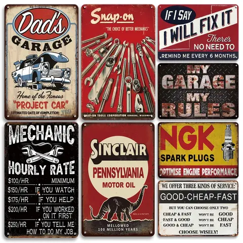 Vintage Garage Sign, 8 Counts/set Metal Tin Sign, Garage Wall Decor Sign, Vintage Retro Indoor & Outdoor Decor for Car Repair Shop, Man Cave, Signage, Vintage Plaque Decoration, Decorative Sign, Metal Signs