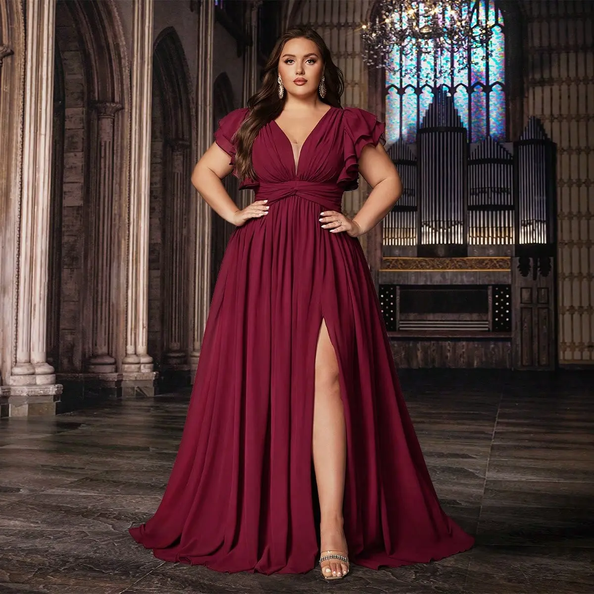 Plus Size Burgundy Chiffon Bridesmaid Evening Gown | Deep V Neck Ruffle Sleeve High Slit Floor Length Formal Wedding Party Maxi Dress, Soft Draping Fabric, Elegant Slim & Comfortable