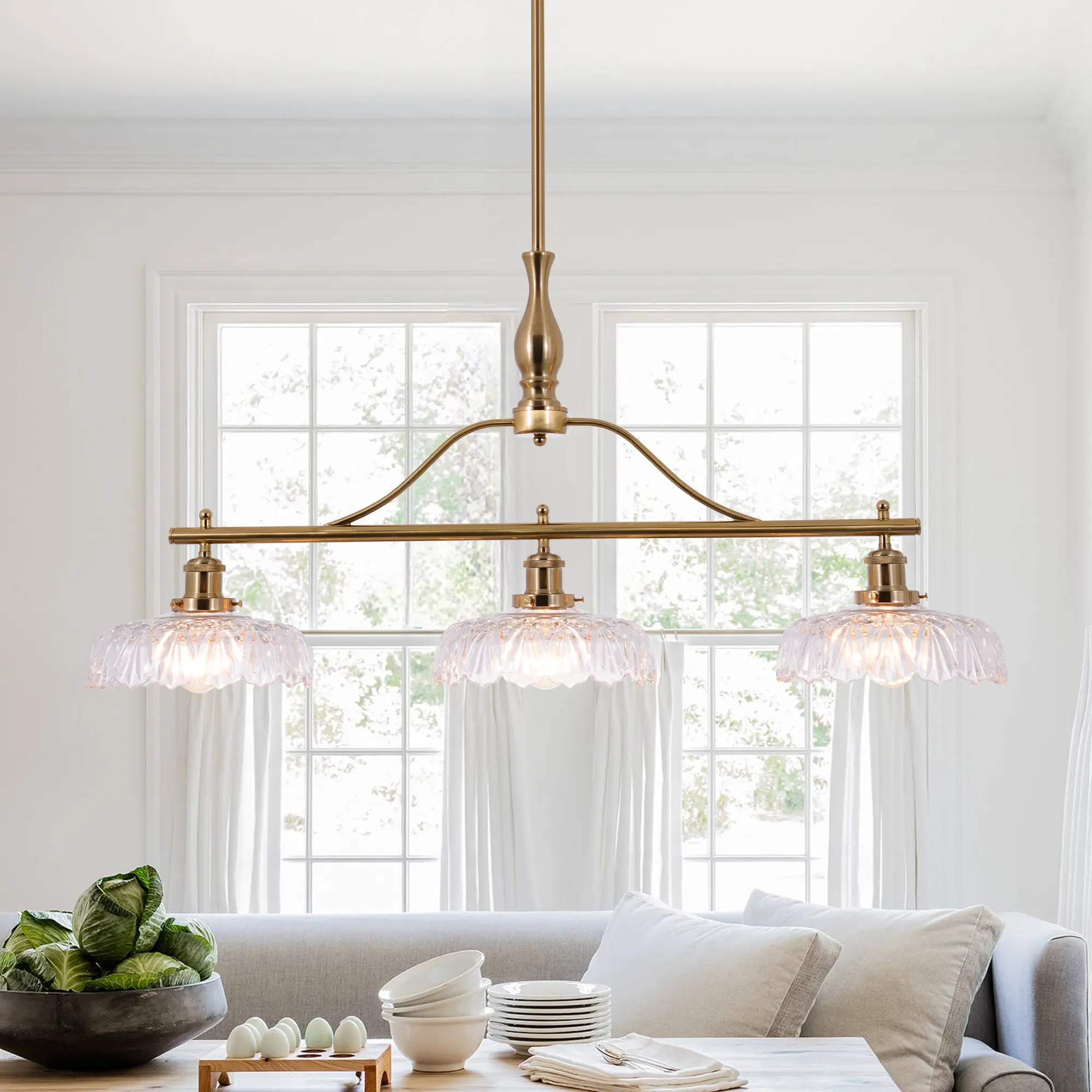 3-Light Natural Brass Wrought Iron Linear Dining Chandelier - Home Decor Light, Clear Scalloped Glass Shade, E26 Hardwired, Adjustable Downrod, Modern Farmhouse Kitchen Island Ceiling Fixture