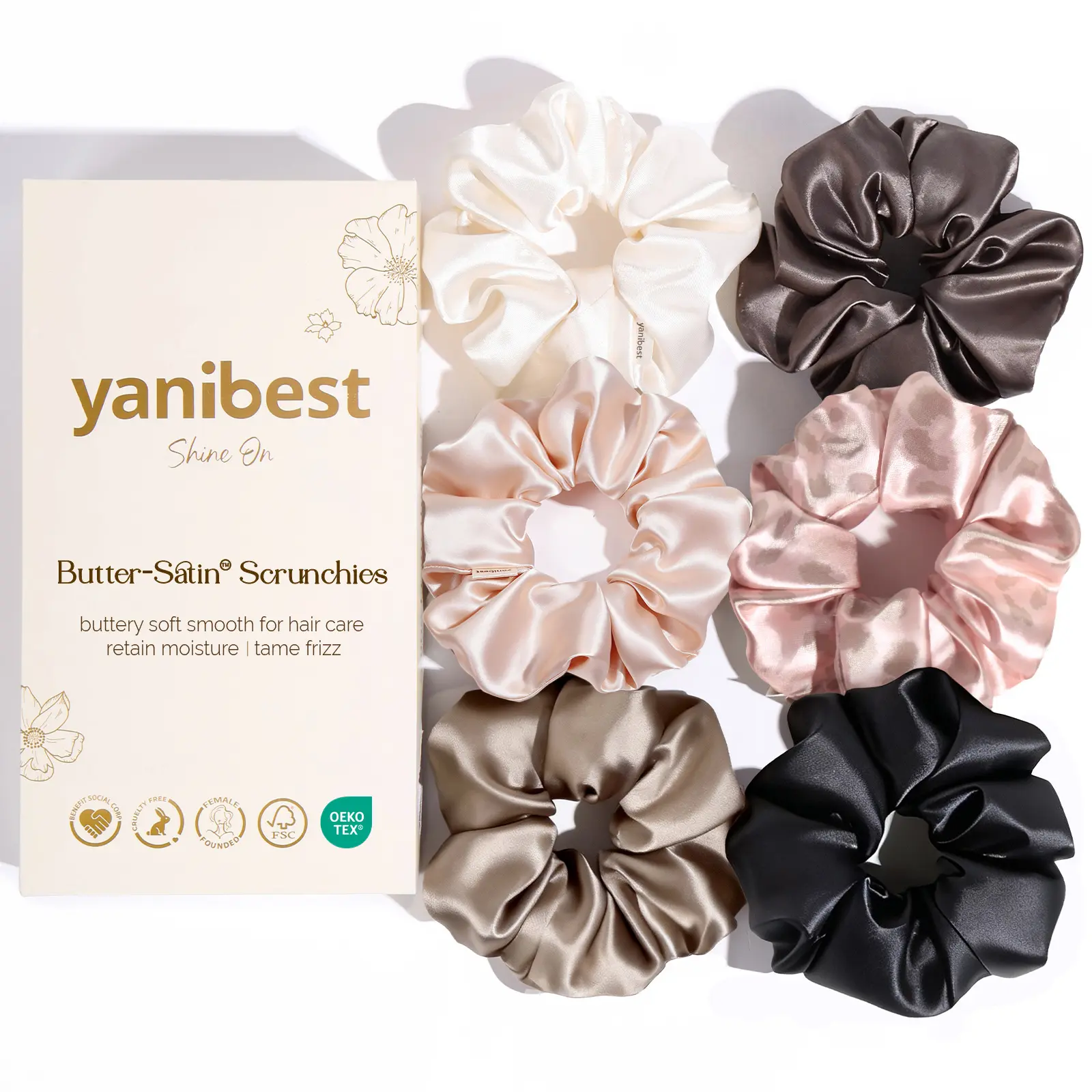 YANIBEST Hair Scrunchies, 6 Pack Classic Satin Elastic Bands for Women, Soft No-Crease Ponytail Holder for Thick and Thin Hair, Elastic Band Scrunchies