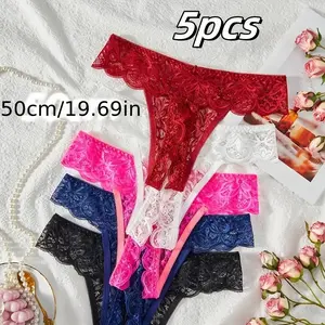 5pcs Lace Thong Panties, Open Crotch, Low Rise, Sexy Lace Underwear for Women babydoll