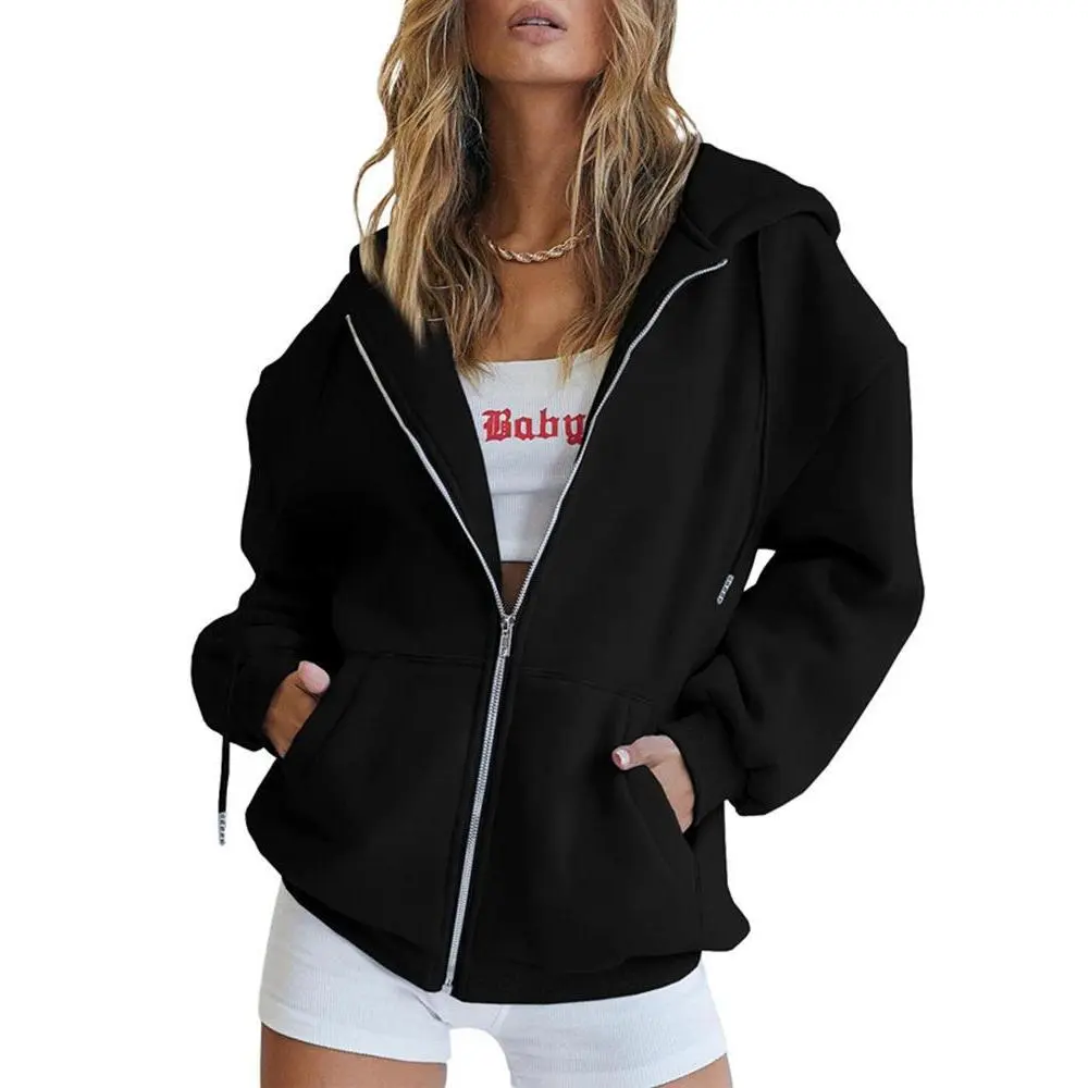 Scacto Women's Long-Sleeve Asian Fabric Solid Color Drawstring Zipper Hooded Sweatshirt - Light Polyester Medium-Length Check-Accented Casual Style Winter Tops